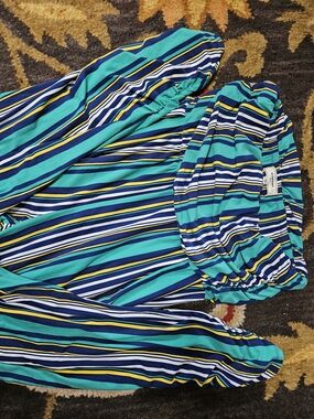 Striped Teal and Navy Off-Shoulder Jumpsuit